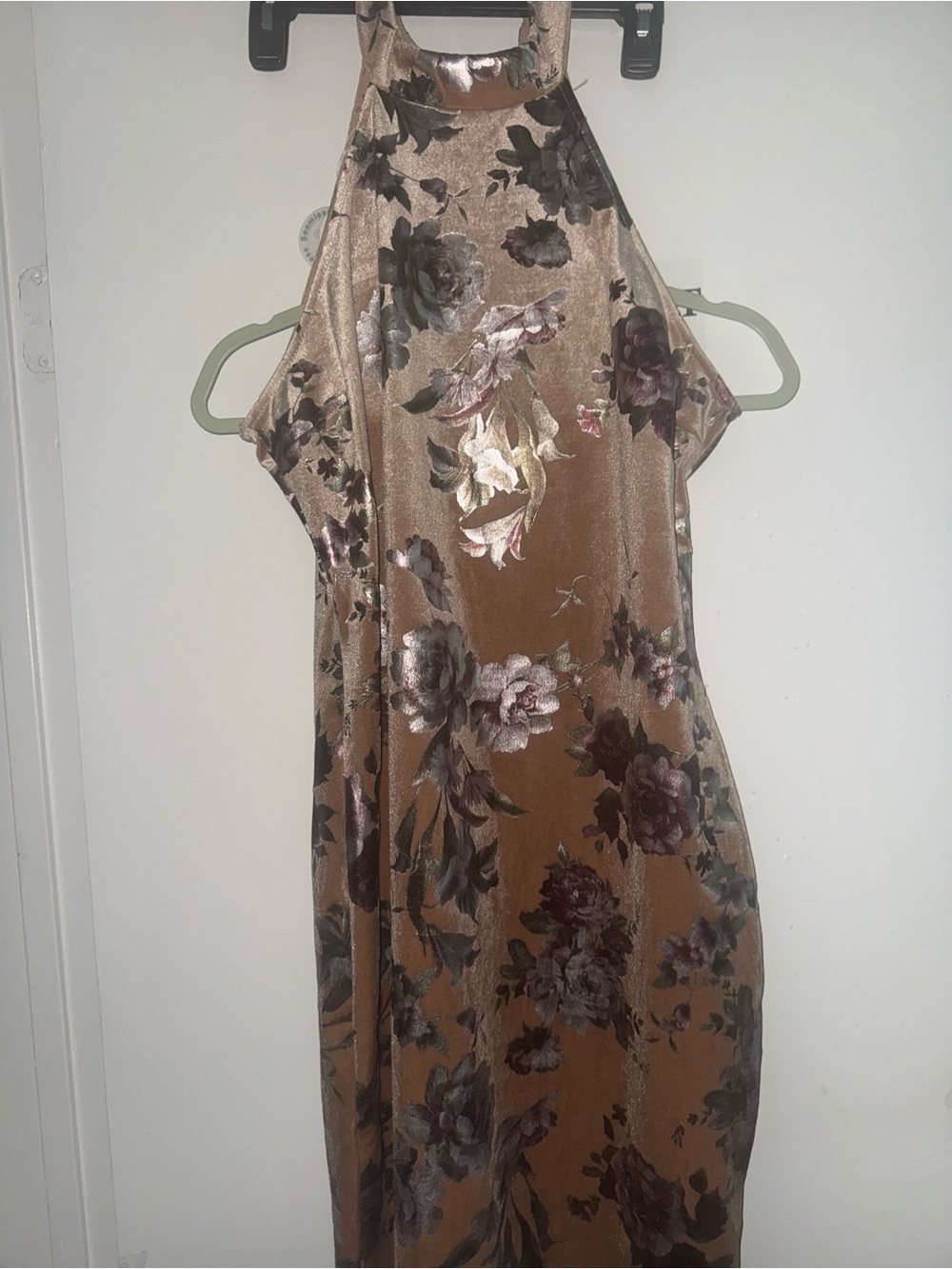 Sleeveless Floral Velvet Halter Dress in Bronze